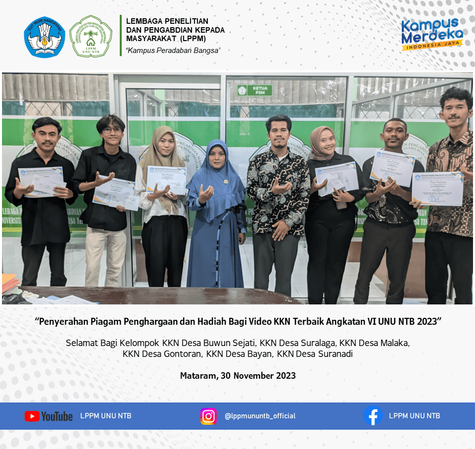 Penyerahan Piagam Penghargaan dan Hadiah Bagi Video KKN Terbaik Angkatan VI UNU NTB 2023